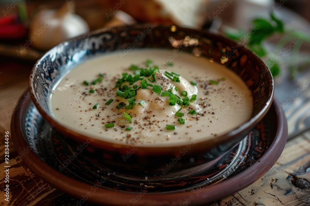 Chestnut cream soup with vegetables on plate Chestnut cream soup with vegetables on plate