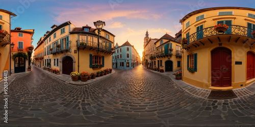 Full 360 degrees seamless spherical panorama HDRI equirectangular projection of An ancient cobbled street. Texture environment map for lighting and reflection source rendering 3d scenes.	
