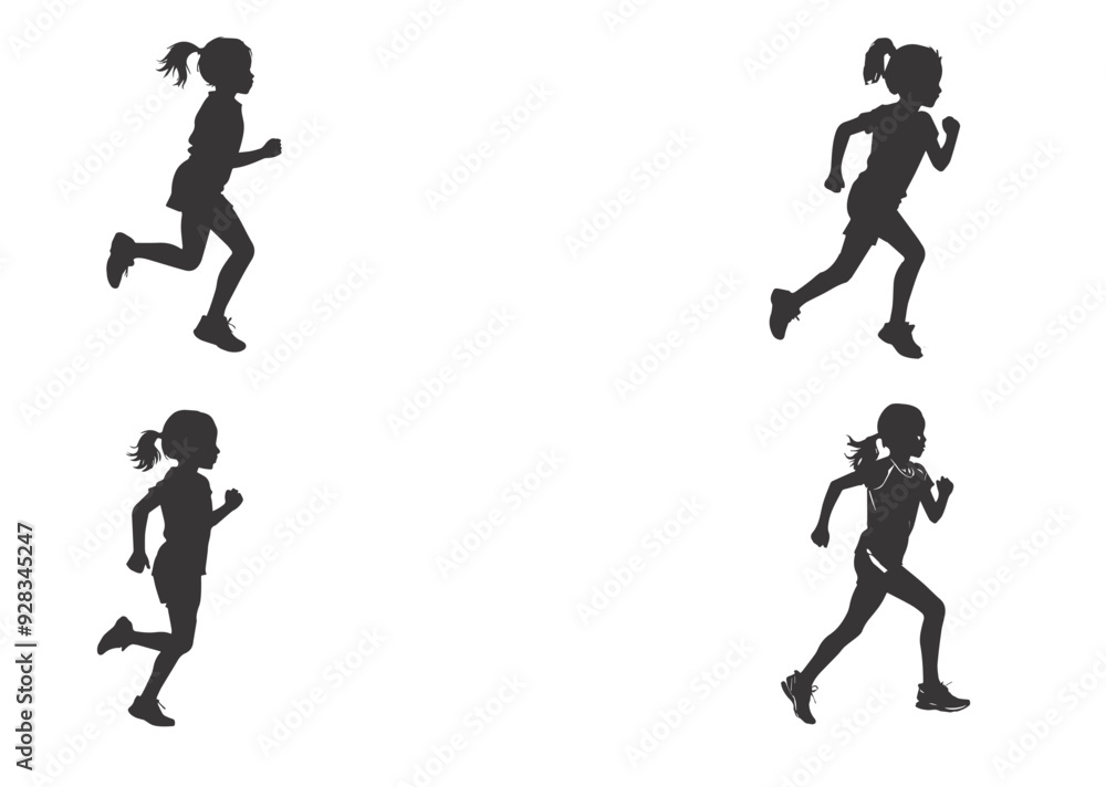 Fototapeta premium Running kid child silhouettes set