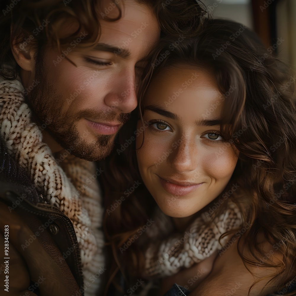 A close-up portrait of a young couple, the woman nestled against the man's shoulder, both looking lovingly into the camera. A close-up portrait of a young couple, the woman nestled against the man's shoulder, both looking lovingly into the camera.
