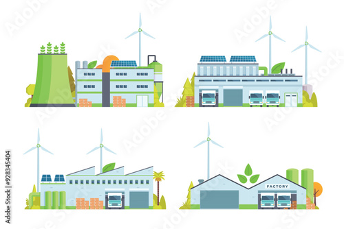 Sustainable Smart Green Factory building illustration, vector elements for city and industry illustration. flat style and front view	