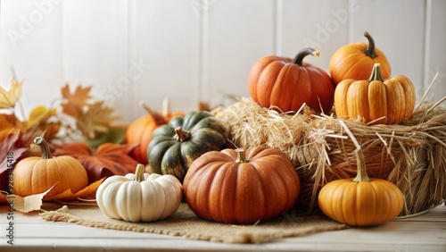 Pumpkins in Basket and on Wooden Tabletop, Harvest Fest, with Copy Space