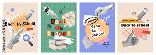 Back to school posters set. Collages with halftone hands, books, 3d stationery elements, torn paper from copy book, ragged notes, brush strokes graphics. Vector retro illustration. Education concept.