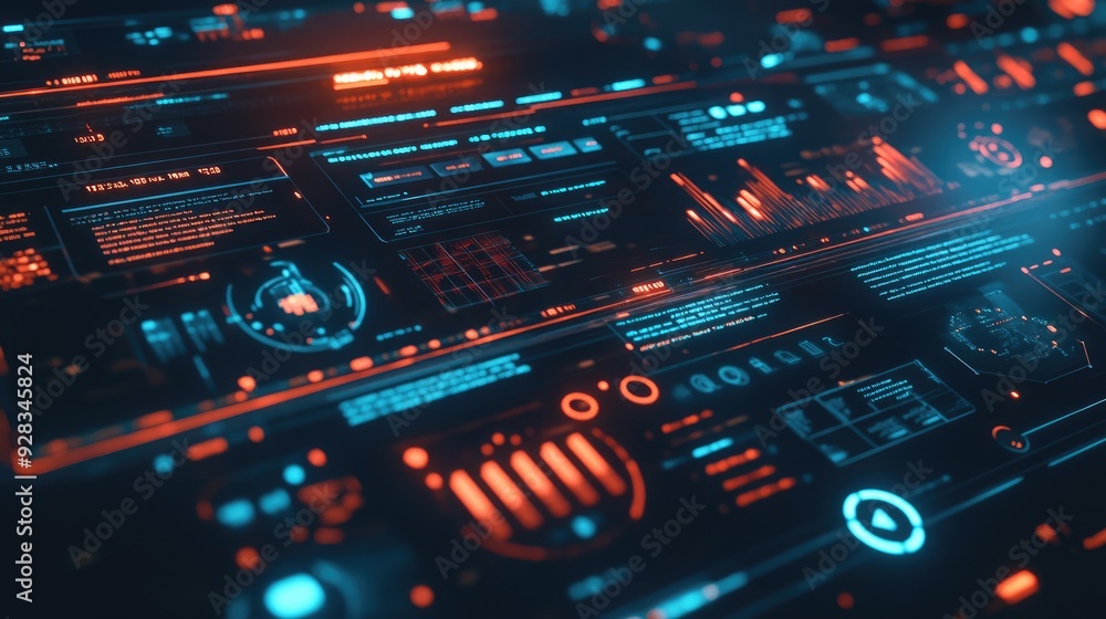 Close up of a futuristic computer interface with glowing blue and red lines, icons, and text. Close up of a futuristic computer interface with glowing blue and red lines, icons, and text.