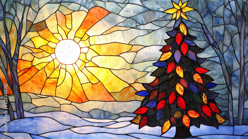Radiant Christmas Tree in Stained Glass Winter Landscape
