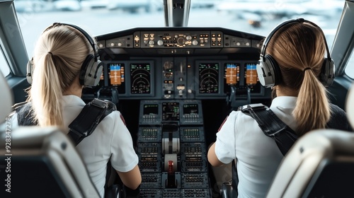 Two pilots with headsets seated in an airplane cockpit, operating flight controls and monitoring instruments. photo