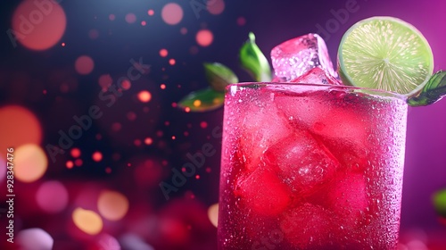 Close-up of iced hibiscus tea, futuristic 3D render, neon pink and lime green accents, digital lighting, crisp and modern design.