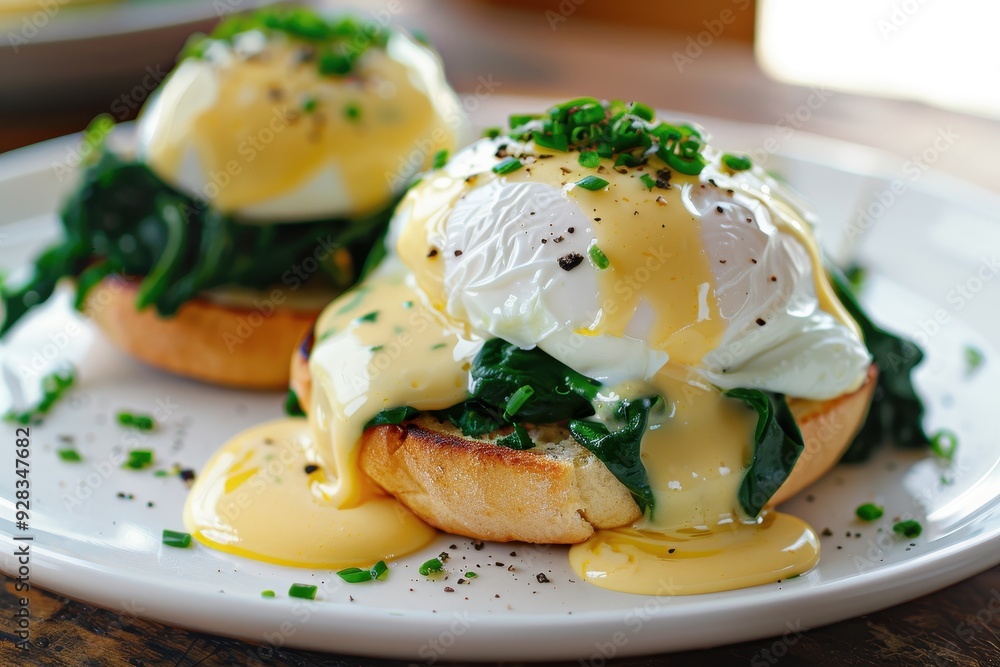 Choose between Eggs Benedict or Eggs Florentine served on a white plate with English muffins poached eggs spinach and hollandaise sauce Choose between Eggs Benedict or Eggs Florentine served on a white plate with English muffins poached eggs spinach and hollandaise sauce