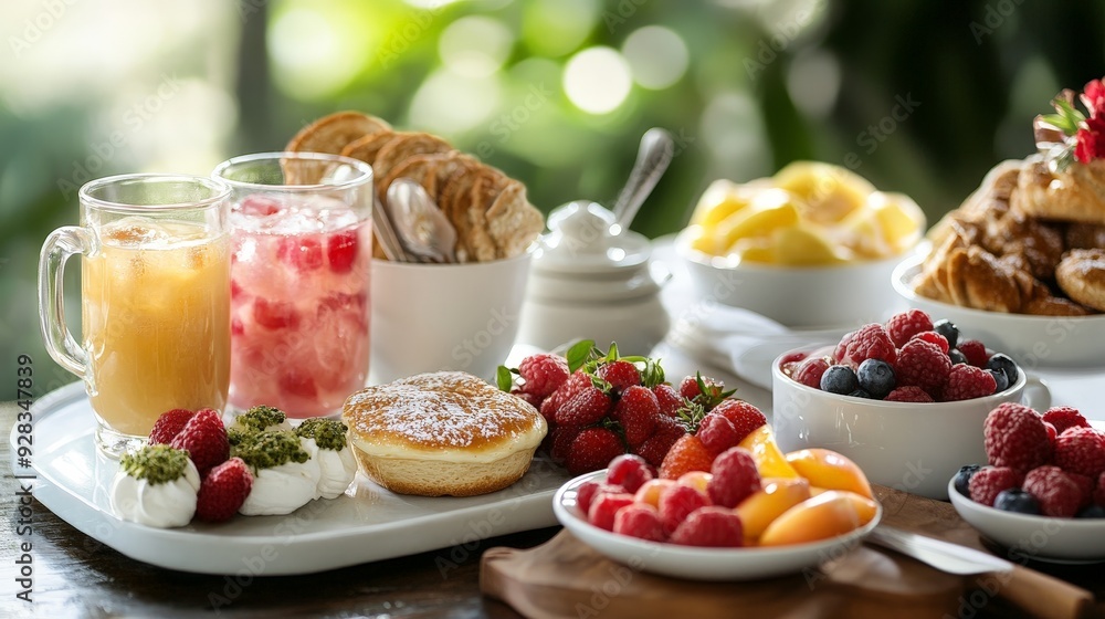 Imagine a breakfast spread with beautifully arranged food and refreshing morning beverages.