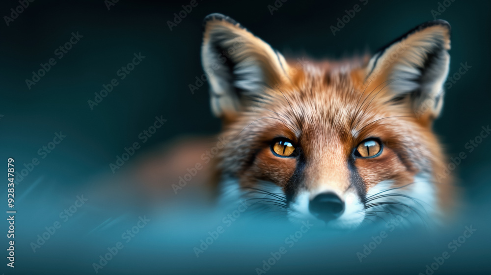 Fototapeta premium Close-up of a fox with striking amber eyes, partially obscured by mist, set against a dark, moody background, capturing its alert expression.