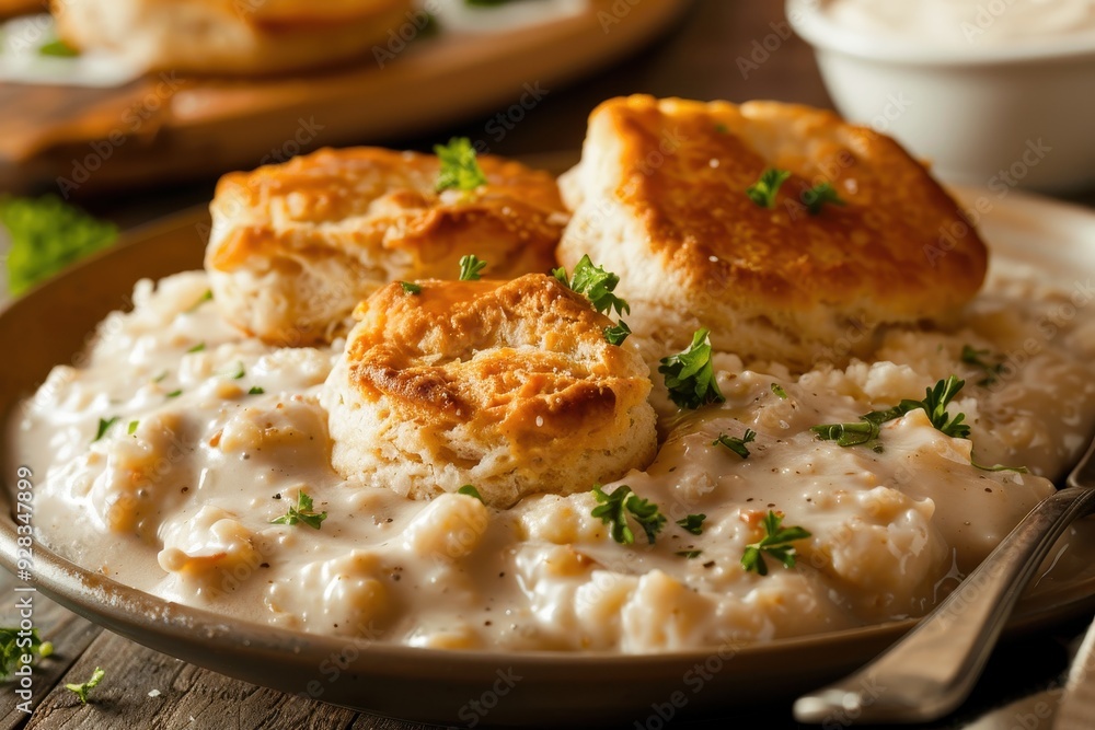 Classic American breakfast of biscuits and gravy on a wooden table Classic American breakfast of biscuits and gravy on a wooden table