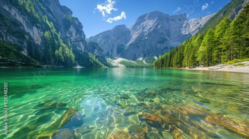 Fototapeta Naklejka Na Ścianę i Meble -  A serene mountain lake with crystal-clear water
