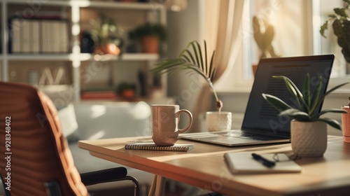 A remote work setup with a laptop, coffee mug, and notebook on a minimalist desk.