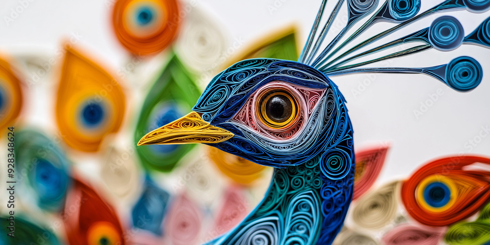 Obraz premium Filigrane Quilling-Kunst: Detailreicher Pfau aus farbigen Papierstreifen. Prächtig kunstvoll geformte Elementen. Lebendige Farben zeigen handwerkliches Geschick. Ideal für Kreativ-Themen