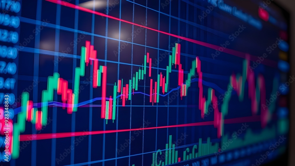 Close up screen with stock market chart and financial graphs. Finance and Investment industry Close up screen with stock market chart and financial graphs. Finance and Investment industry