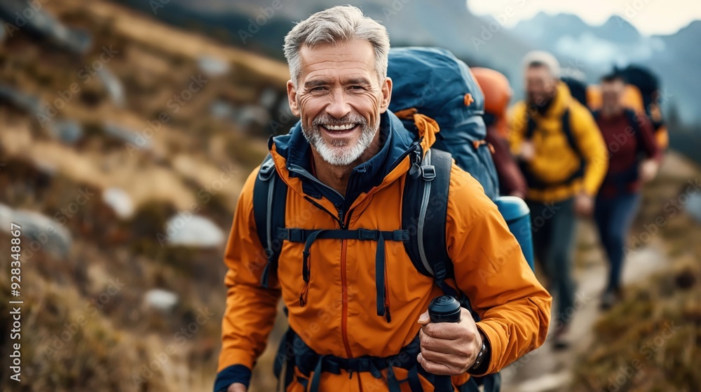 Smiling senior man hiking with a group in the mountains, wearing an orange jacket and backpack. Smiling senior man hiking with a group in the mountains, wearing an orange jacket and backpack.