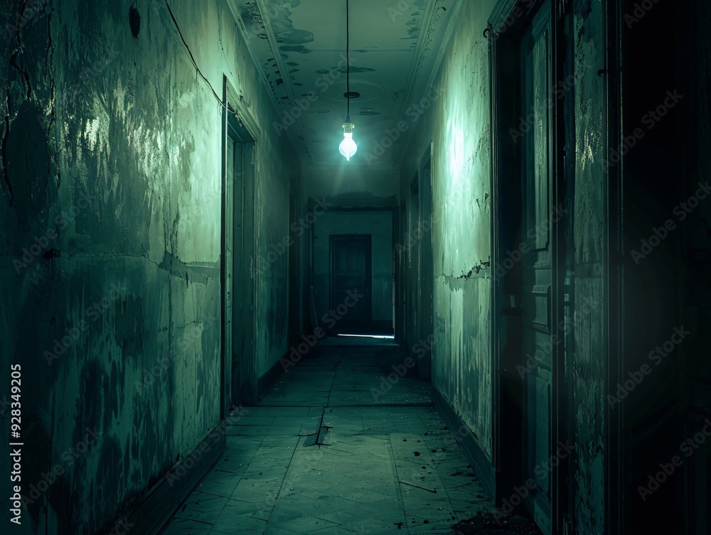 Eerie Dark Hallway with Flickering Light Bulb Eerie Dark Hallway with Flickering Light Bulb