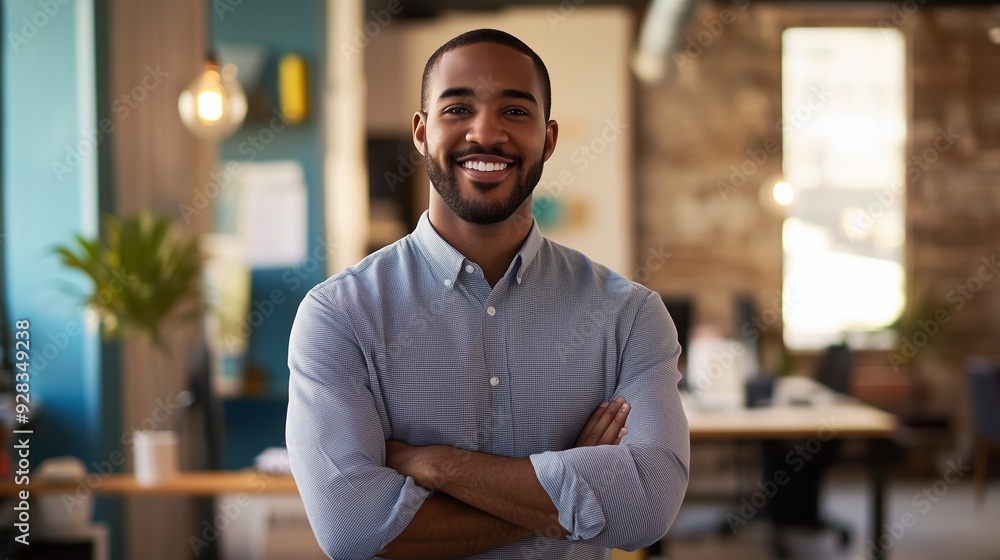 Smiling man in a modern office setting during the daytime with arms crossed and a friendly expression Smiling man in a modern office setting during the daytime with arms crossed and a friendly expression