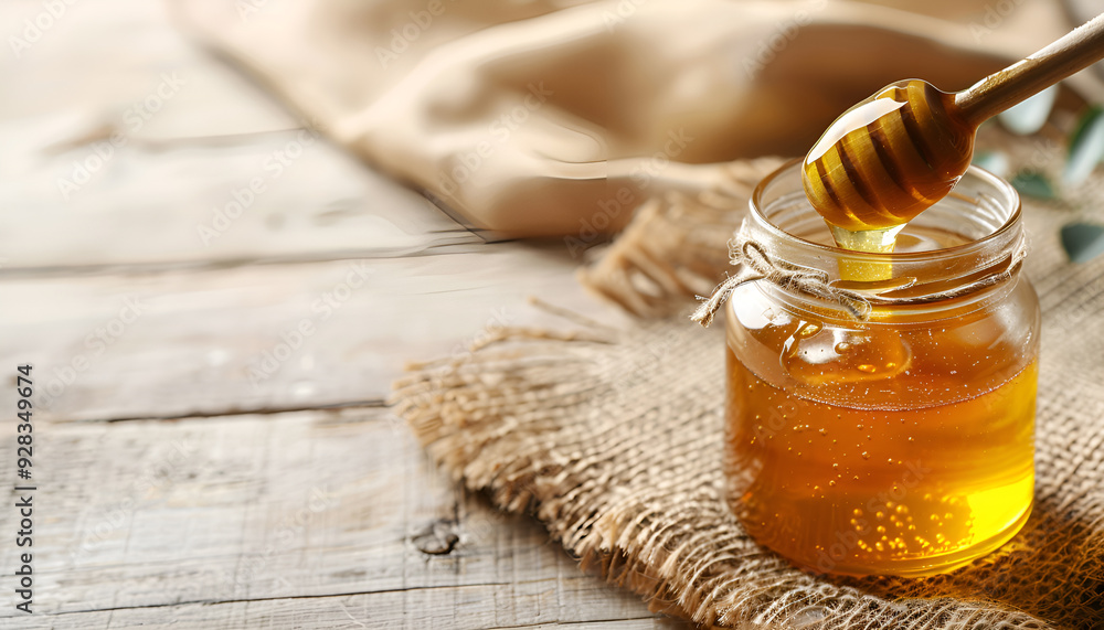 Pouring aromatic honey into jar, closeup Pouring aromatic honey into jar, closeup