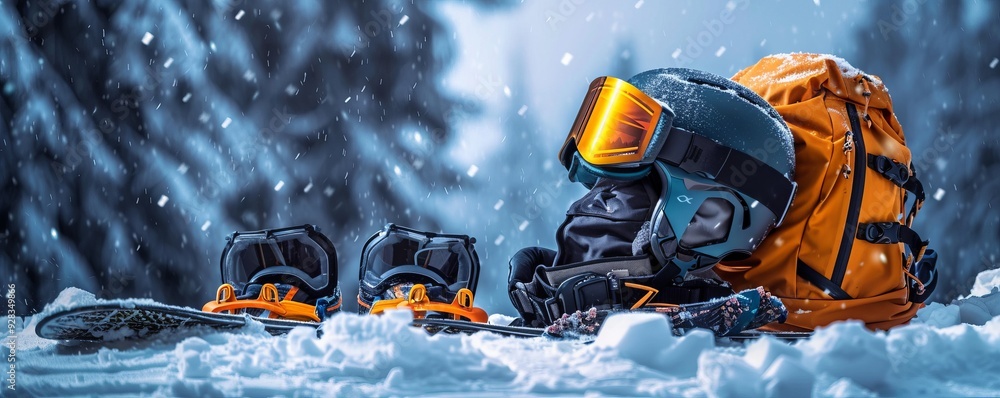 Protective gear for snowboarding and skiing in the backcountry, 4K hyperrealistic photo Protective gear for snowboarding and skiing in the backcountry, 4K hyperrealistic photo