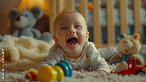 A baby laughing and playing with toys at home