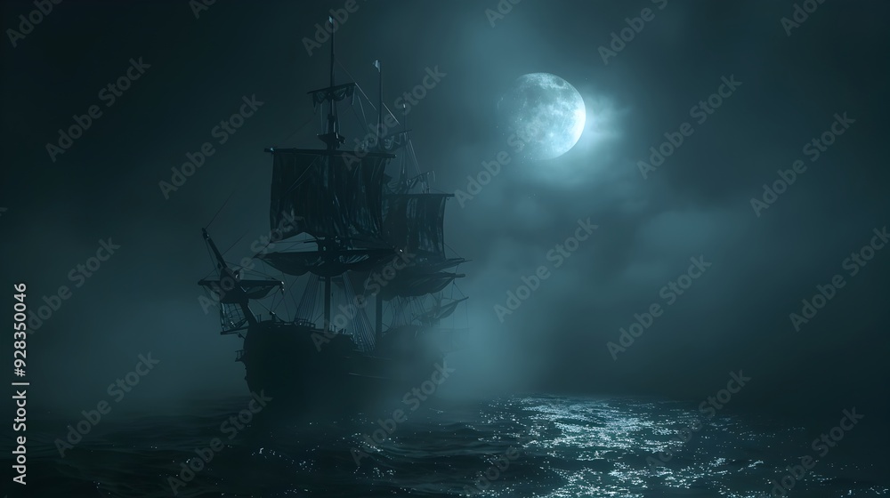 Ghostly Ship Sailing Through Haunting Moonlit Foggy Waters Amid Atmospheric Darkness Ghostly Ship Sailing Through Haunting Moonlit Foggy Waters Amid Atmospheric Darkness