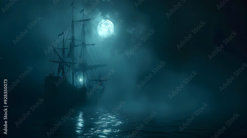Haunting Spectre of the Seas A Ghost Ship Sailing Through Moonlit Fog Haunting Spectre of the Seas A Ghost Ship Sailing Through Moonlit Fog