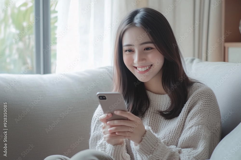 smiling woman holding phone in living room smiling woman holding phone in living room