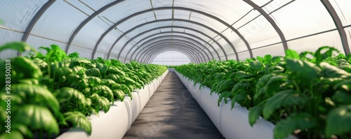 Lush rows of green leafy vegetables are growing in a well-maintained greenhouse tunnel, showcasing advanced agricultural techniques. photo