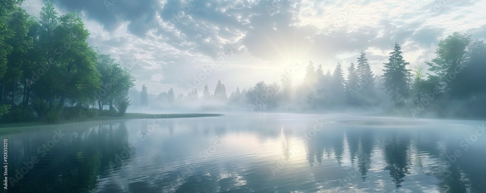 Misty dawn breaking over a tranquil lake, 4K hyperrealistic photo Misty dawn breaking over a tranquil lake, 4K hyperrealistic photo