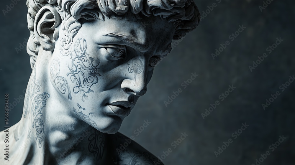 Detailed close-up of a tattooed statue capturing intricate details in a soft-lit studio setting Detailed close-up of a tattooed statue capturing intricate details in a soft-lit studio setting