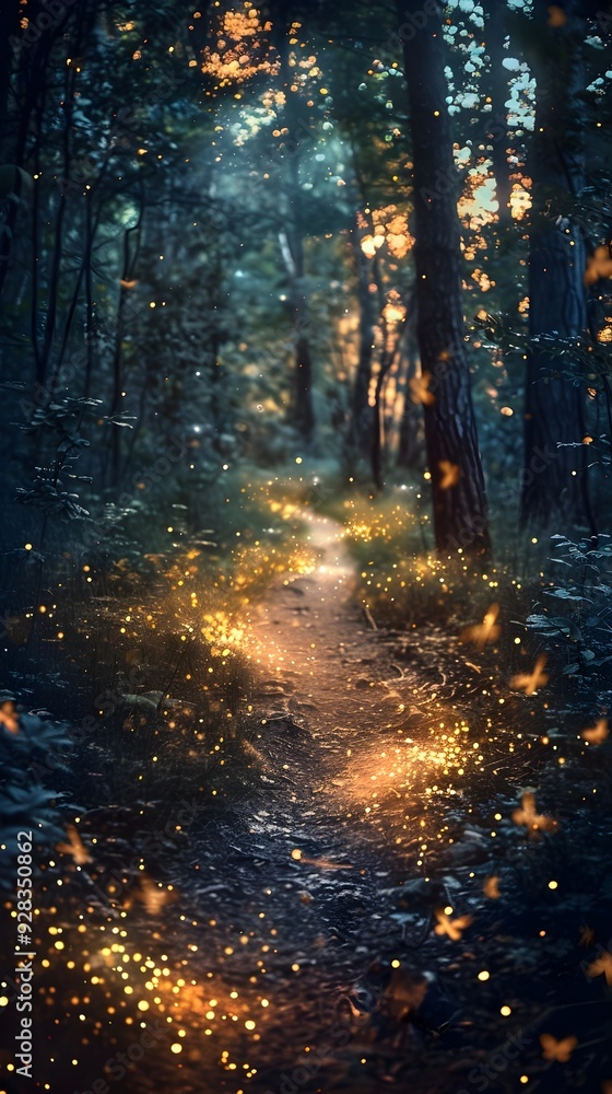 Obraz premium Enchanting Firefly Lit Forest Path with Ethereal Glowing Atmosphere