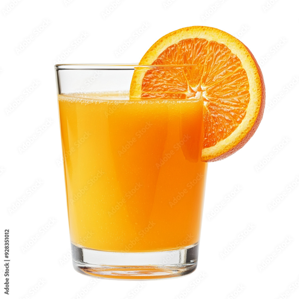 A glass of orange juice with a slice of orange, isolated on a transparent background. A glass of orange juice with a slice of orange, isolated on a transparent background.
