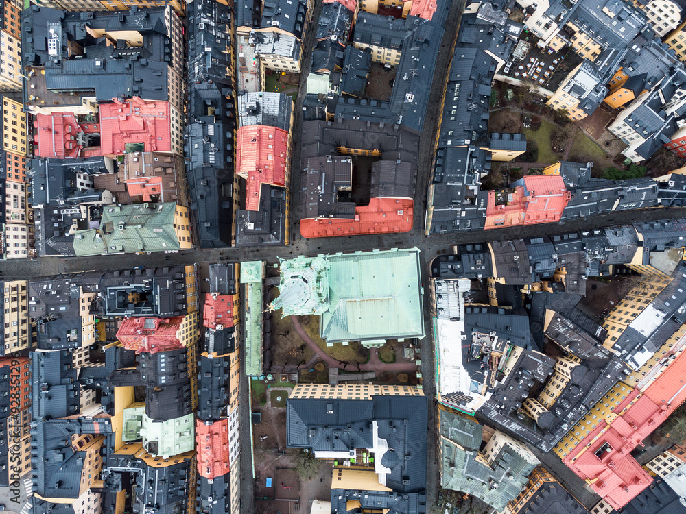 Stockholm, Sweden: Aerial top down view of the Gamla Stan old town in Stockholm with the German Church in Sweden capital city