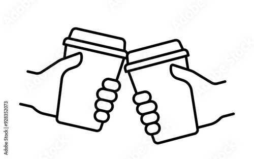 Hand holding take away coffee in reusable cup, clink simple line icon. Fast drink flat design. Takeaway drink in paper mug. Coffee to go. Vector illustration