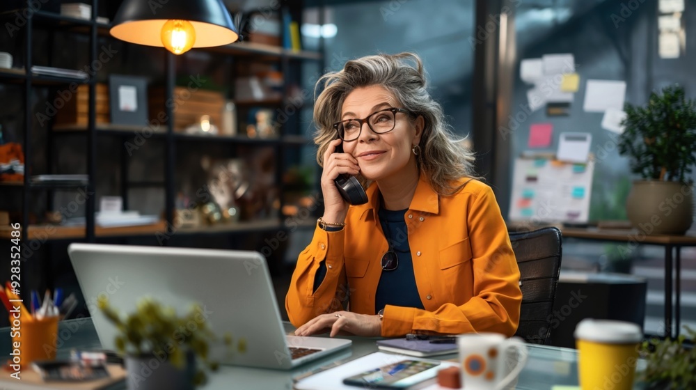 A professional woman with glasses in an orange jacket talks on the phone while working on her laptop in a modern office. A professional woman with glasses in an orange jacket talks on the phone while working on her laptop in a modern office.