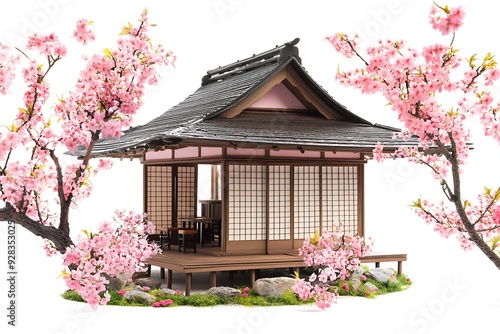 Traditional Japanese teahouse surrounded by vibrant cherry blossoms, isolated, on white background