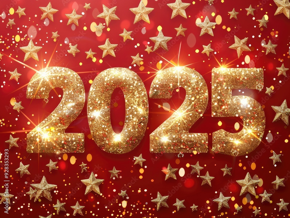 A red background with gold stars and the number sign 