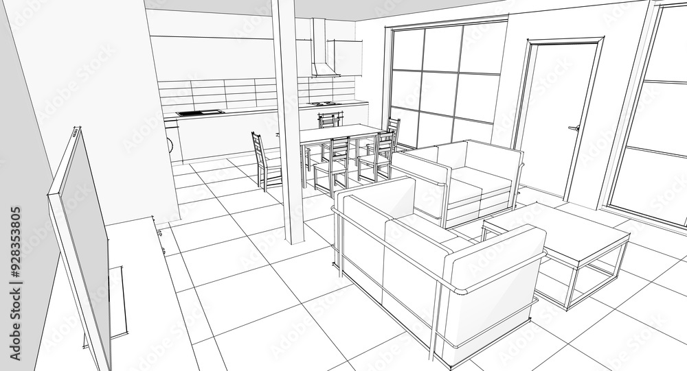 interior kitchen living room 3d illustration
interior kitchen living room 3d illustration