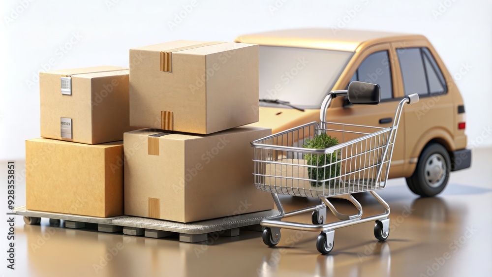 a cart symbolizing online purchase, a parcel box representing packaging, and a delivery truck indicating shipping. a cart symbolizing online purchase, a parcel box representing packaging, and a delivery truck indicating shipping.