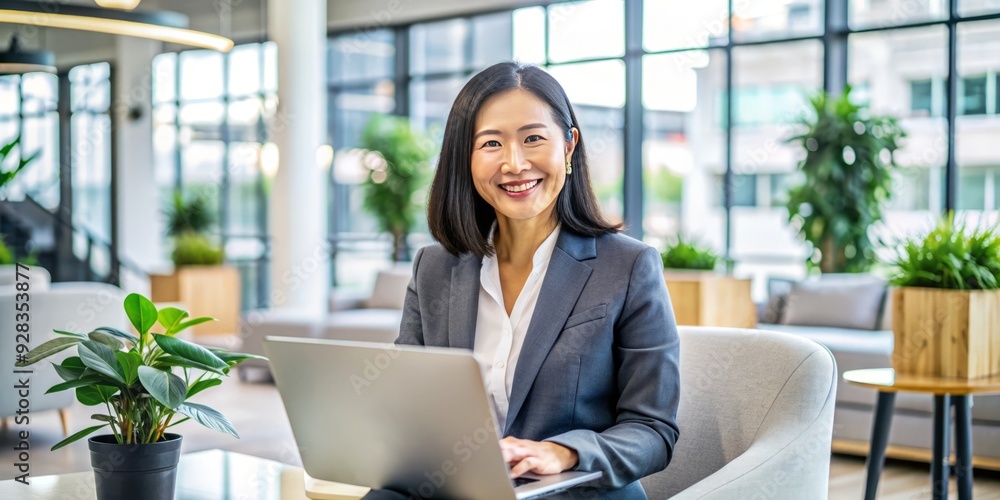 A cheerful Asian businesswoman sits in a bright modern office, beaming with confidence as she holds a laptop and gazes directly at the viewer. A cheerful Asian businesswoman sits in a bright modern office, beaming with confidence as she holds a laptop and gazes directly at the viewer.