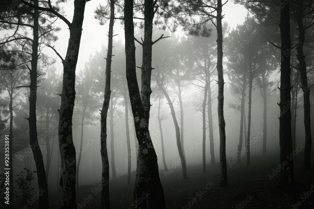 Naklejka premium Trees shrouded in misty fog, serene atmosphere