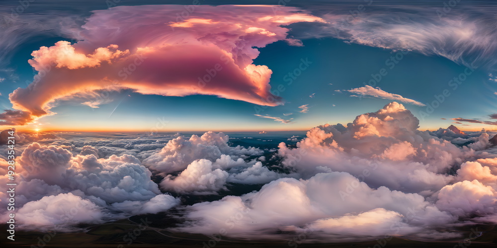 Obraz premium Full 360 degrees seamless spherical panorama HDRI equirectangular projection of A swirling puffy clouds pink sky. Texture environment map for lighting and reflection source rendering 3d scenes. 