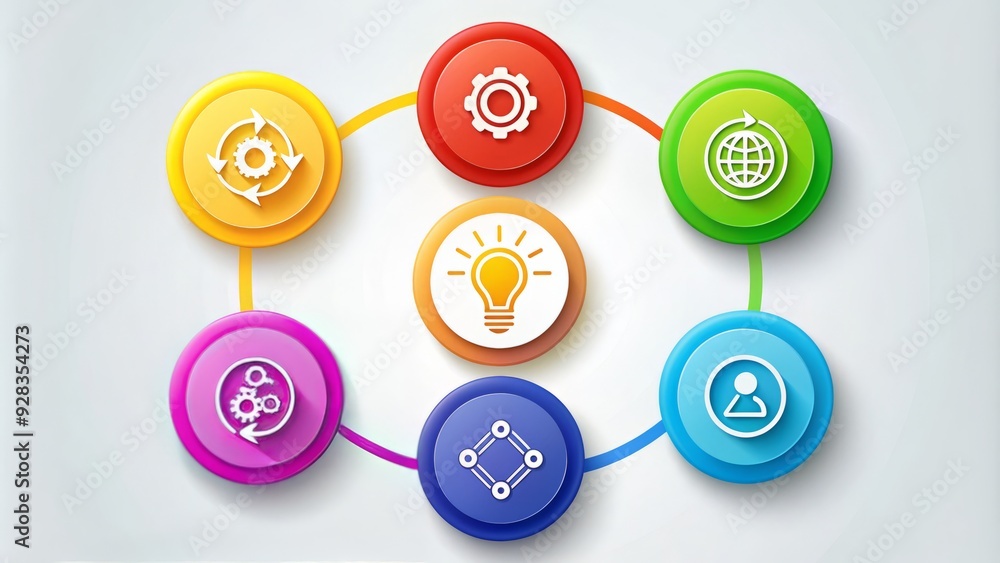 A colorful diagram featuring six interconnected circles, representing a cyclical flow of ideas, concepts, or processes, with each circle containing a unique icon or graphic.