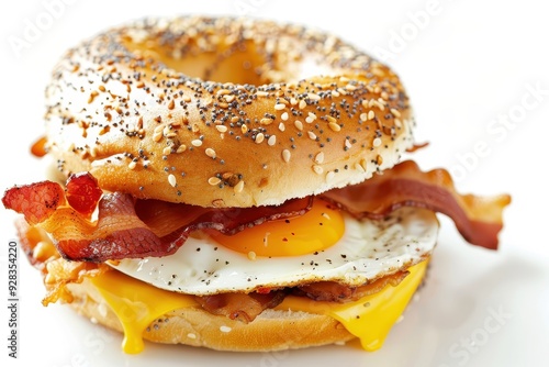 Close up of a bagel breakfast sandwich with egg cheese and bacon on white background photo