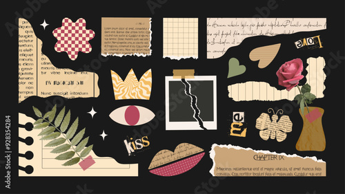 Paper cut elements set for collages or Scrapbook. Torn old newspaper, leaves and flower, scrap notebook sheet, retro gazette, butterfly, quotes, crown. Trendy photo frame, lips, heart and eyes.