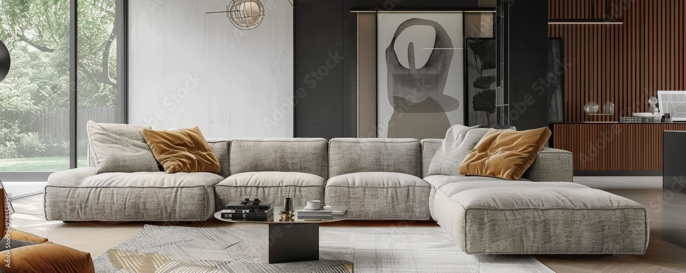 Modern living area with a modular sofa and contemporary decor, 4K hyperrealistic photo Modern living area with a modular sofa and contemporary decor, 4K hyperrealistic photo