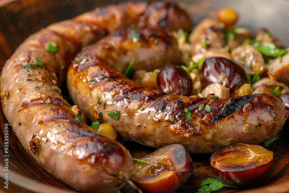 Close up of cooked white sausages and chestnuts on a plate Close up of cooked white sausages and chestnuts on a plate