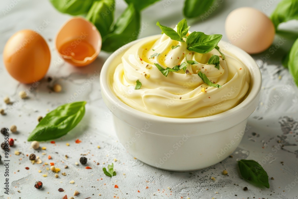 Close up of fresh natural basil mayonnaise Side view horizontal Egg based Close up of fresh natural basil mayonnaise Side view horizontal Egg based