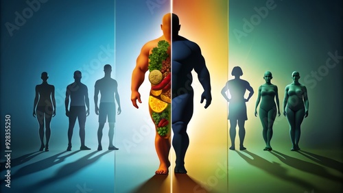 A dramatic illustration of a human silhouette divided into healthy and obese sections, highlighting the dangers of excessive weight and high body mass index. photo